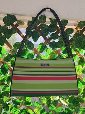Vintage Kate Spade New York Y2K Green Pink Stripe Coated Canvas Shoulder Bag